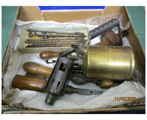 BOX VINTAGE BLOW LAMP, VARIOUS TOOLS, DRILL BITS ETC 