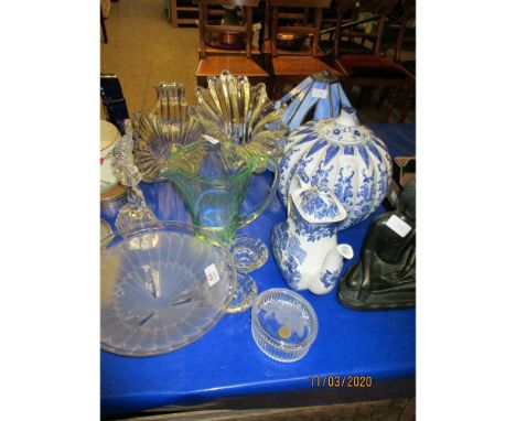 1950S GLASS DISHES, BLUE PRINTED COFFEE POT, THAI TYPE FIGURE LIGHT FITTING ETC 