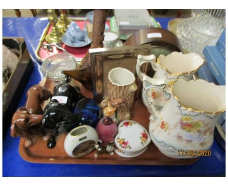 TRAY MANTEL CLOCK, JUGS, DOG ORNAMENTS ETC 
