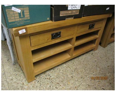 REPRODUCTION LIGHT OAK LOW TABLE WITH TWO DRAWERS OVER SHELVING 