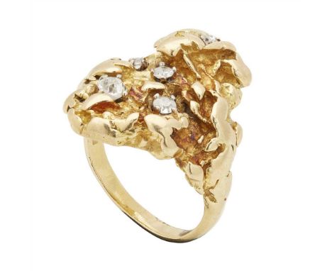 A 1960s diamond set ring naturalistically cast, claw-set with five round brilliant cut diamonds, to a tapering shank, British