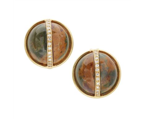 A pair of jasper and diamond set earrings each of 'bouton' form, the central band pavé set with diamonds, to post and clip fi