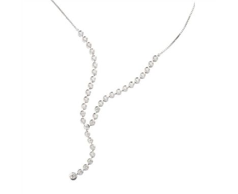 A diamond set necklace composed of circular links, each set with a small round brilliant cut diamond, suspending a similar ar