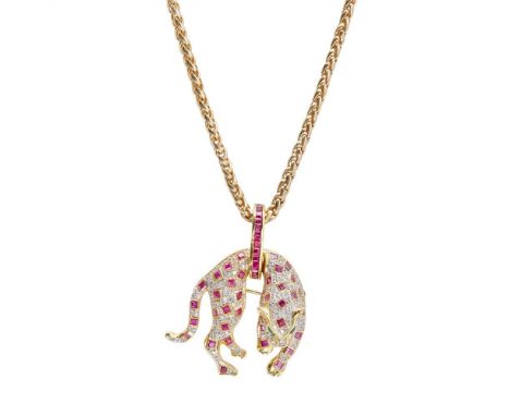 A diamond and ruby set pendant and chain formed as a leopard, collet set with square cut rubies and pavé set with diamonds, w