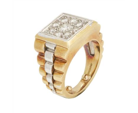 A gentleman's diamond cluster ring claw set with a central round brilliant cut diamond, surrounded by eight round brilliant c