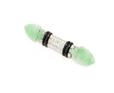 An Art Deco diamond, jade and enamel set brooch, Boucheron set with three rows of old round cut diamonds, with black enamel d