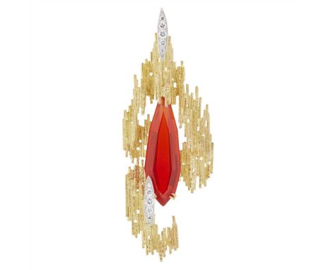 A fire opal and diamond set pendant/brooch, Andrew Grima for H. J. Company the centre claw set with an elongated pear-shaped 