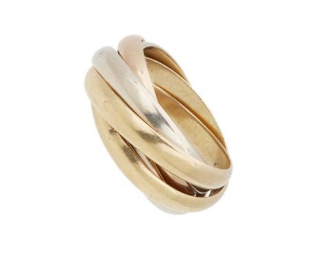 A five-band ring, Cartier with two yellow, two white and one rose band, each with French mark for gold, the rose band signed 
