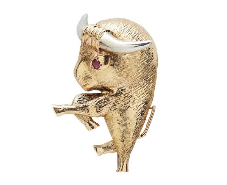 A ruby set bull brooch, Sanz designed as a rampant bull, with ruby-set eye, signed 'Sanz' (Dimensions: Height:&nbsp;43mm)(Hei