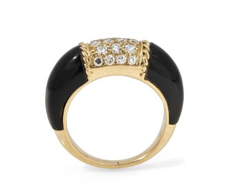 An onyx and diamond set ring of bombé form, the centre panel pavé set with eight-cut diamonds between rope-twist borders, to 