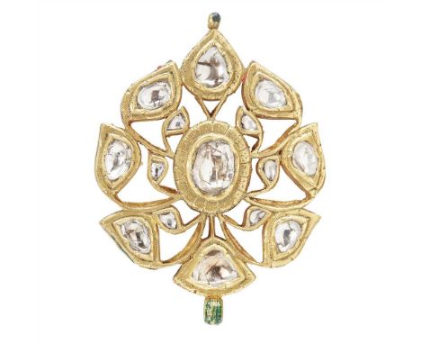 An Indian diamond set pendant the floral lattice set with foiled table cut diamonds, the reverse with flowers and foliage in 