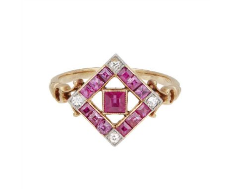 A ruby and diamond set ring the openwork lozenge mystery set with square cut rubies and pavé set with diamonds, with foliate 
