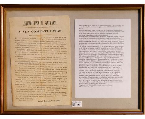 Mexican-American War 1846-1848. A printed proclamation from Antonio Lopez de Santa-Anna to his Mexican compatriots, Mexico, 3