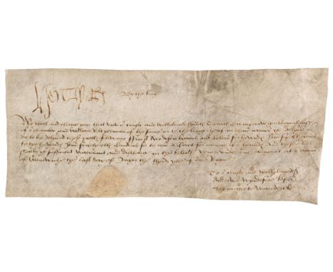 * Henry VIII (1491-1547). King of England and Ireland, 1509-1547. A fine early Document Signed, 'Henry R', as King of England