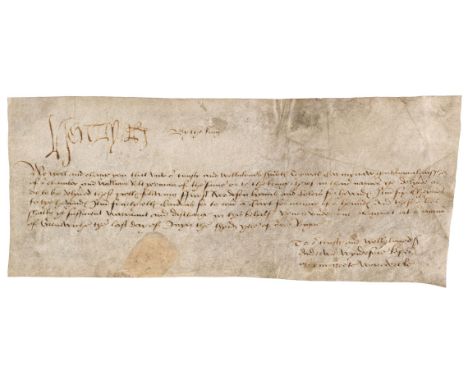 * Henry VIII (1491-1547). King of England and Ireland, 1509-1547. A fine early Document Signed, 'Henry R', as King of England