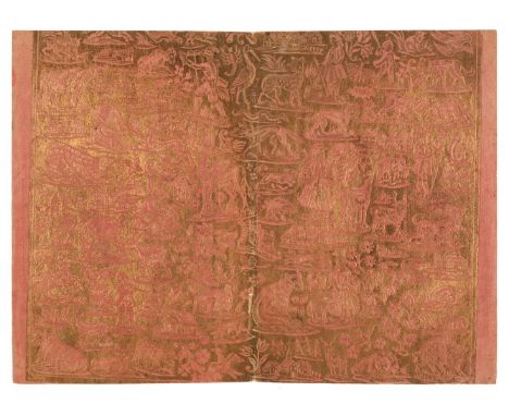 * Paper. A near full sheet of Brocade / Dutch gilt decorative paper depicting people, animals, insects &amp; buildings, secon
