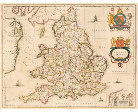 British Isles. Blaeu (Johannes), Anglia Regnum, Amsterdam, circa 1662, engraved map with contemporary outline colouring, slig