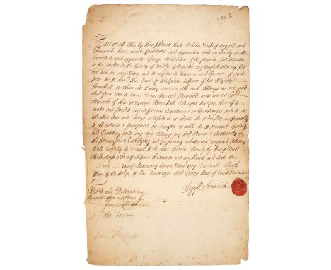 * Marlborough (Sarah Churchill, Duchess of, 1660-1744). Document signed, 9 April 1730, a pre-printed document completed in ma