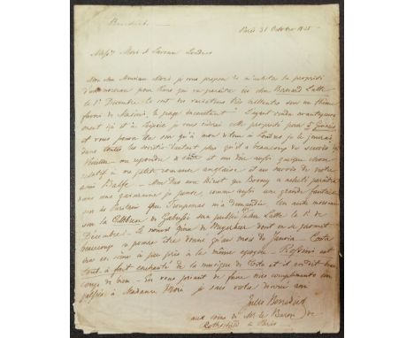 * Benedict (Julius, 1804-1885). German-born Composer and Conductor. Autograph letter signed, 'Jules Benedict', Paris, 31 Octo