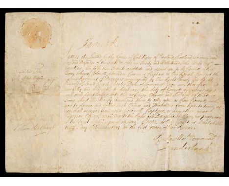 * James II (1633-1701). King of England, Scotland and Ireland. Document Signed, 'James R', as King, at head, Whitehall, 2 Aug