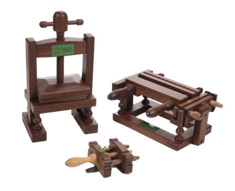 * Miniature Bookbinding equipment. A miniature Laying press, plough and Standing press by F.H. Wiesner, Toowoomba, Australia,