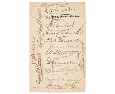 * South Africa Cricket Team 1907. Vintage signed postcard photograph of the team standing and seated in three rows, signed to