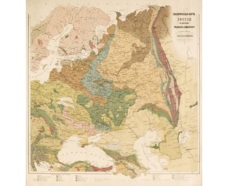 Russia. Geological map Geologichevskaya karta Rossi i khrebtov Uralskago i Kavkazskago, sostavlena ... Gelmersenom [title in 