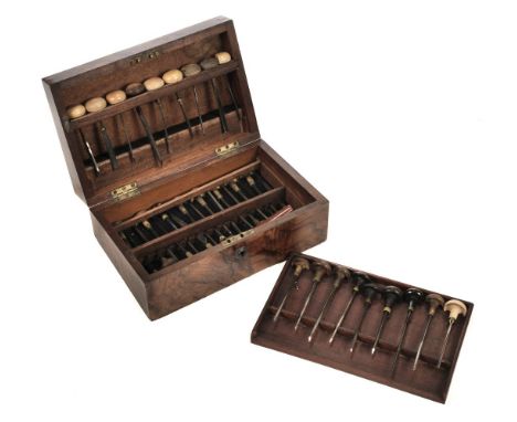 * Wood engraving tools. A collection of approximately 40 engraving burins, few without wooden handles, contained together in 