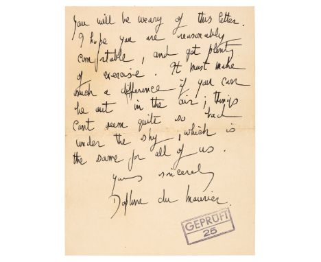 * Du Maurier (Daphne, 1907-1989). English Author and Playwright. A lengthy wartime autograph letter signed, 'Daphne du Maurie