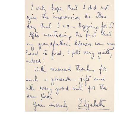 * Elizabeth II (1926- ). Queen of the United Kingdom 1952- . Autograph Letter Signed, 'Elizabeth' as Princess, Sandringham, N
