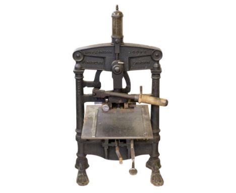 * Printing/blocking press. A Hopkinson Albion Press, 1847, for benchtop operation with horizontal lever, currently converted 