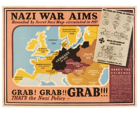 Propaganda map. Nazi War Aims, Grab! Grab! Grab!!!, That's the Nazi Policy, circa 1940, colour photolithographic British prop