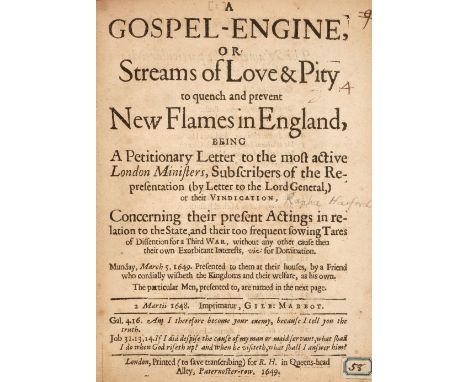 Harford (Ralph). A Gospel-Engine, or Streams of Love &amp; Pity to quench and prevent New Flames in England, being a Petition