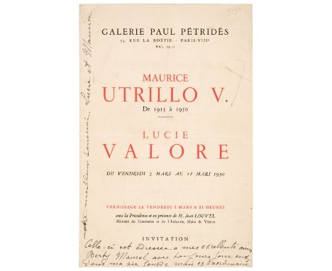 Utrillo (Maurice, 1883-1955). French Painter. Signed and inscribed exhibition catalogue for Exposition d’Oeuvres anciennes et