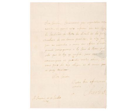 * Charles II (1630-1685). King of England, Scotland (1649-51) and Ireland 1660-85. Autograph Letter Signed, ‘Charles R’, as K