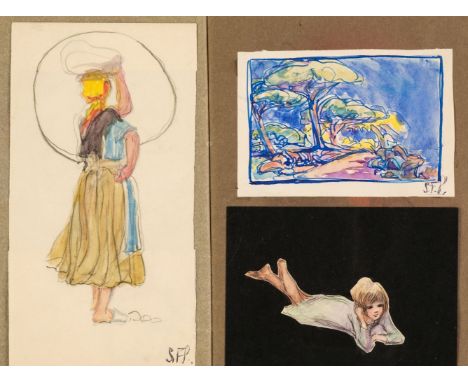 * Watercolour Drawings. An album of sketches by S.F. Perrin, circa 1920, 15 pen, ink, and watercolour (or coloured pencil) dr