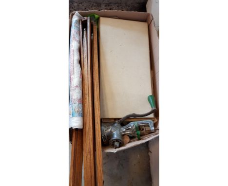 LARGE BOX LOT TO INCLUDE RUBY, DOLLS, CHINA, LINENS AND EASEL