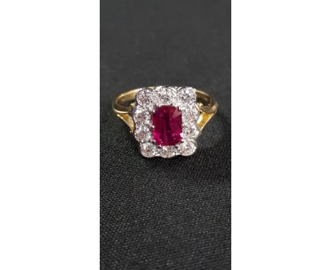 18CT YELLOW GOLD RUBY (1.1 CARAT) AND DIAMOND (0.70 CARAT) CLUSTER RING