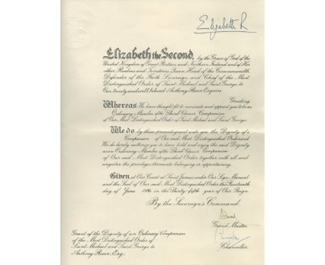 Queen Elizabeth the Second Royal Document with printed signature. The document says - Elizabeth the Second, 14 the Grace of G