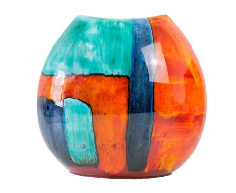 A Poole pottery Delphis style vase. Of polychrome geometric design, height 26cm, width 25cm, depth 15.5cm.