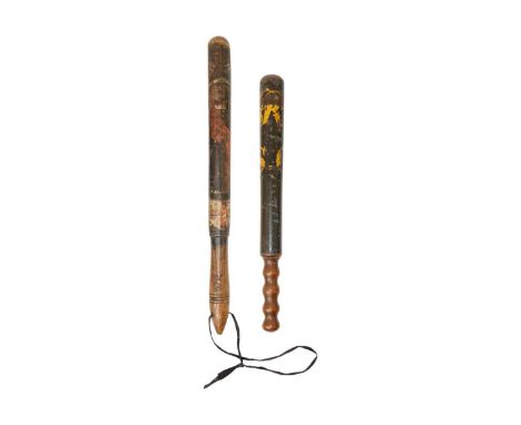 A Victorian Special Constable painted truncheon. Length 38cm together with another painted truncheon. (2)