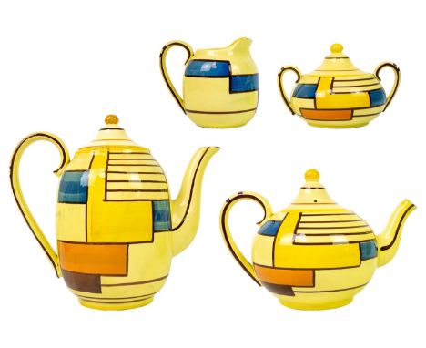 A circa 1928 Eva Zeisal Schramberg Majoilka part tea and coffee service, Including a coffee pot and cover, a teapot and cover