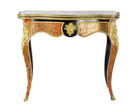 A French Boulle fold over serpentine card table, 19th century. In the Louis XV style, with leather inset top, tortoiseshell a