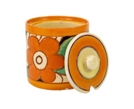 A Clarice Cliff Floreat pattern preserve pot and cover. Bizarre Newport Pottery marks, height 8.5cm.There is no restoration, 