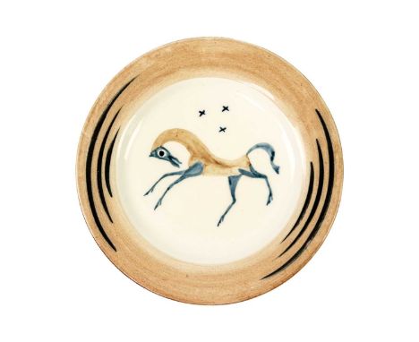 A Clarice Cliff Chevaux pattern plate.  Designed by John Armstrong for the 1934 Harrods Exhibition, printed John Armstrong an