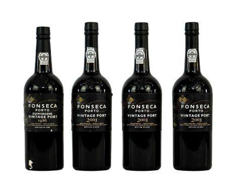 Four 75cl bottles of Fonesca Porto vintage port. Three are 2003 vintage, bottled 2005, and another is 1986, bottled 1988.