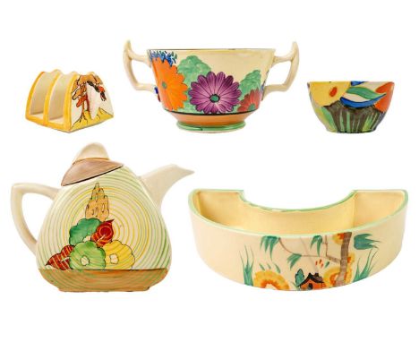A collection of various Clarice Cliff. Including, a Capri pattern Trieste teapot unmarked, a Delecia small bowl, a Gayday Ath