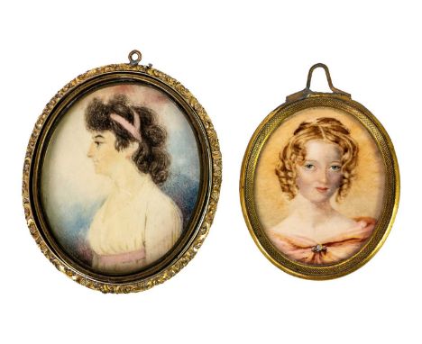 Two 19th century oval portrait miniatures.  Of ladies, one, with ringlets, wearing a peach coloured dress, 5.2X4.1cm, in a gi