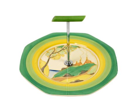 A Clarice Cliff Secrets pattern octagonal cake plate. With chrome and green Bakelite handle, Fantasque Bizarre Newport Potter