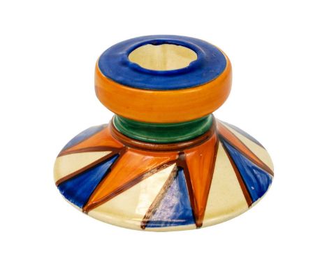 A Clarice Cliff Original Bizarre pattern 331 shape candlestick. Bizarre Newport Pottery mark, height 5.5cm.Good condition, no